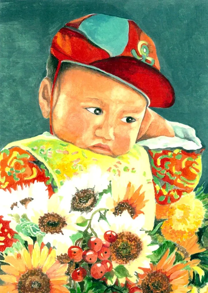 Asian Boy with Flowers